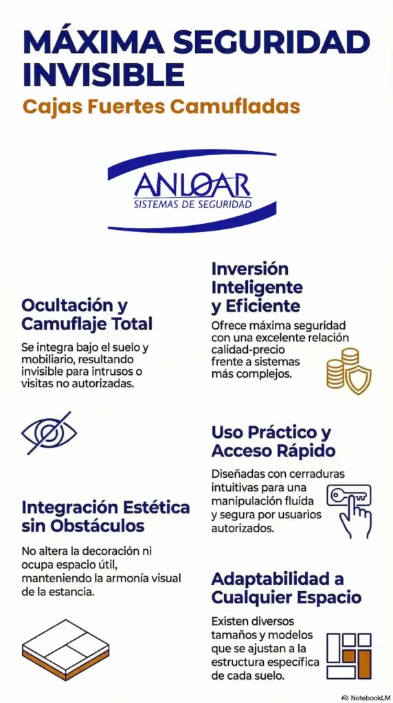 Infografía sobre las ventajas de una caja fuerte empotrada en el suelo camuflada