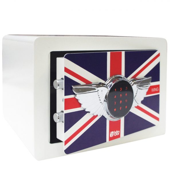 Caja fuerte motorizada con un diseño decorativo.