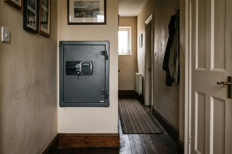 Caja fuerte instalada en un lugar dificil para la instalacion con pasillo estrecho y casa antigua
